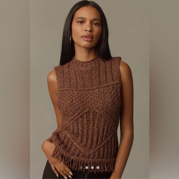 Pilcro Fringed Brown Sleeveless Knit Sweater - Picture 1 of 7